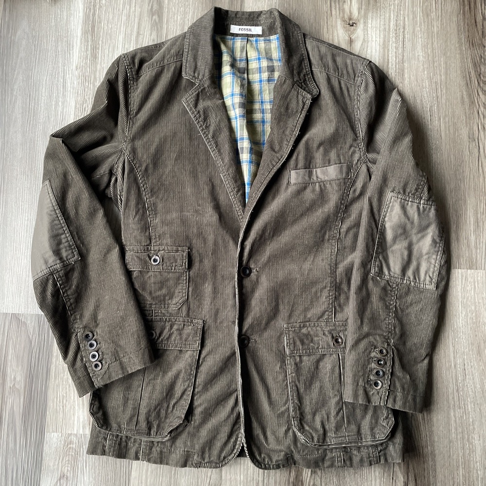 Vintage Y2K Fossil Womens Corduroy‎ Blazer Jacket M Lined Brown Cargo Utility